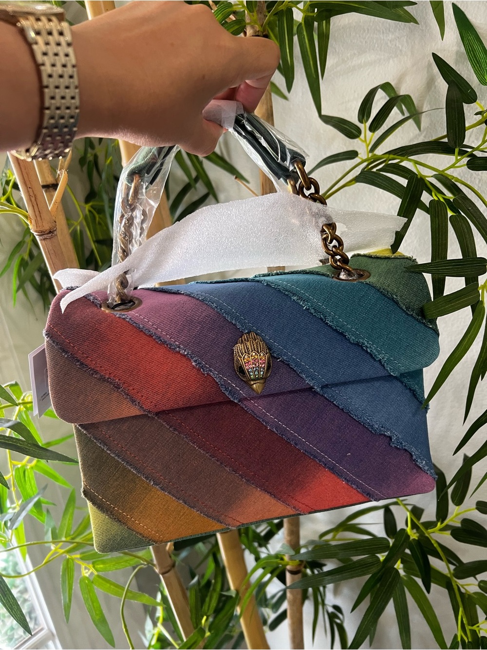 Kurt Geiger Rainbow Diagonal Stripe Crossbody Bag with Gold Hand Clasp